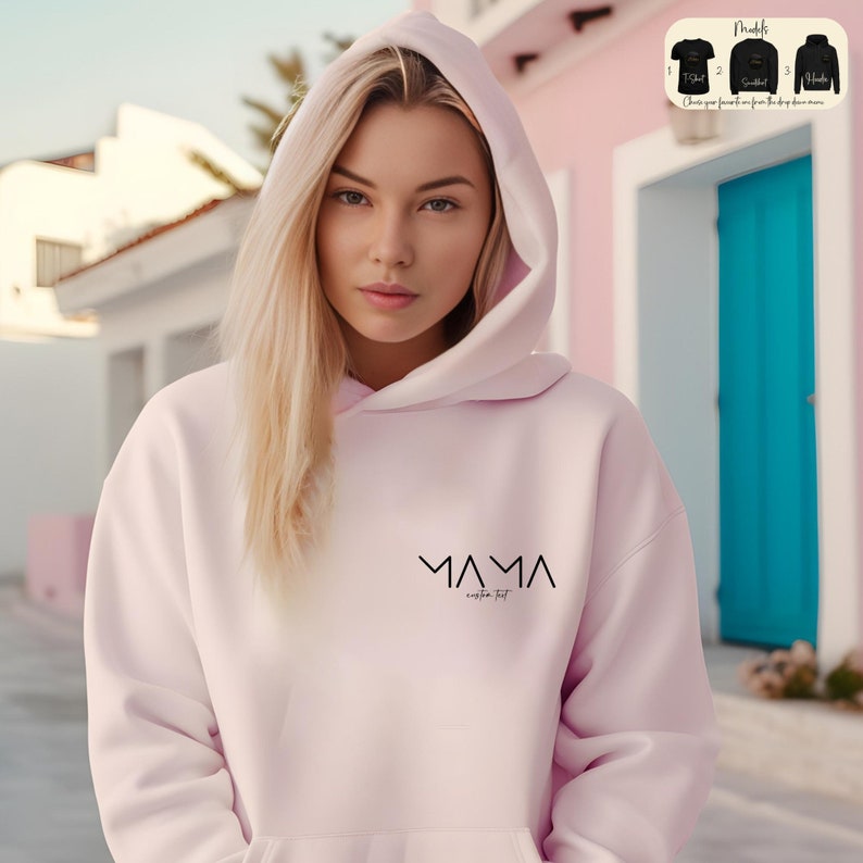 Personalisiertes Mama-Sweatshirt, minimalistisches T-Shirt, Muttertagsgeschenk, moderner Mama-Hoodie, Schwangerschaftsankündigungs-T-Shirt, Geschenk für die neue Mutter Bild 6