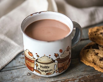 Personalized Fall Enamel Mug: Pumpkin Spice Latte, Camping Cup