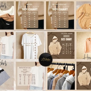 May include: Size chart for Gildan 18000 sweatshirts and hoodies in various sizes. The chart shows the width and length measurements in inches. The image also shows a variety of sweatshirts and hoodies in different colors.