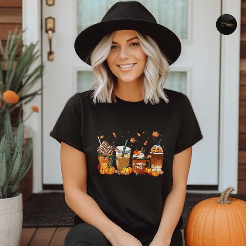 Fall Coffee Shirt, Cute Halloween Pumpkin T-Shirt, Thanksgiving Sweatshirt, Autumn Latte Hoodie, Cozy Chic Pullover, Fall Drink Cups Tee image 6