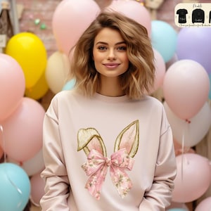 Coquette Bunny Ears Sweatshirt,  Cute Easter Bunny T-Shirt, Aesthetic Soft Girl Spring Outfit, Rabbit Hoodie, Pastel Easter Gift for Women