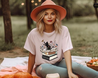 Buch-Liebhaber-Sweatshirt, Bookish T-Shirt, Bibliothekar-Shirt, Lehrer-Geschenke, Literatur Hoodie, Buch- und Katzen-Liebhaber-Geschenkideen, schwarze Katzen-T-Stück