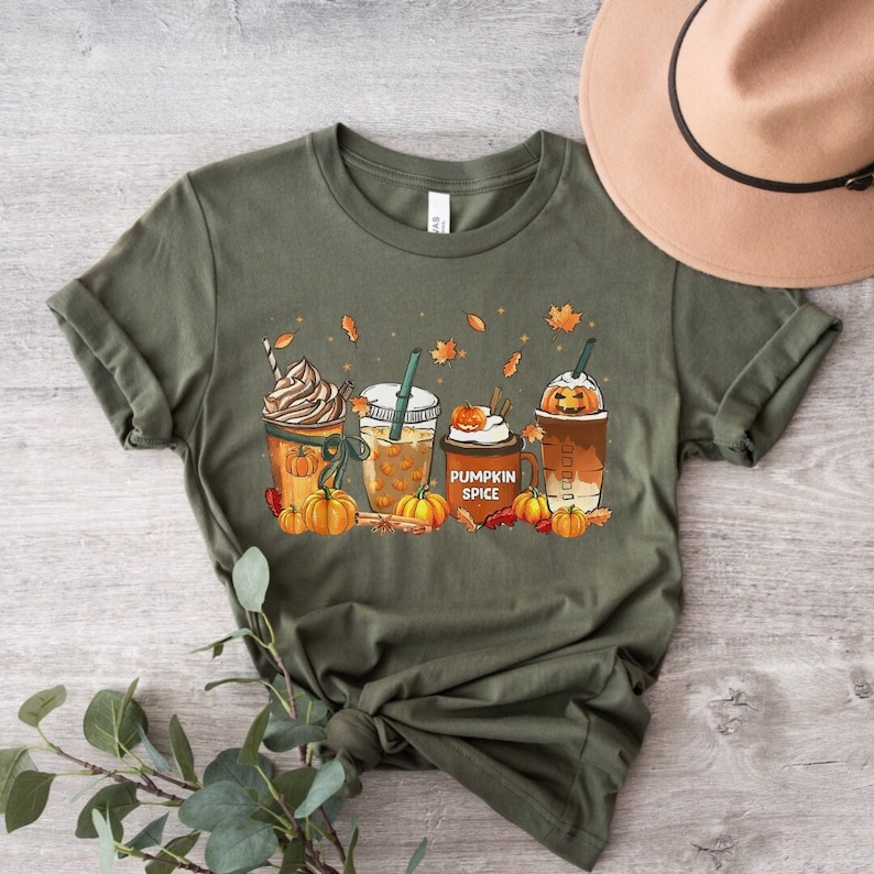 Fall Coffee Shirt, Cute Halloween Pumpkin T-Shirt, Thanksgiving Sweatshirt, Autumn Latte Hoodie, Cozy Chic Pullover, Fall Drink Cups Tee image 1