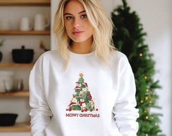 Katzenliebhaber-Sweatshirt, lustiges Weihnachts-Sweatshirt, Weihnachts-Rundhalsausschnitt, Meowy-Weihnachts-Hoodie, süßes Katzen-T-Shirt, Meaowy-Weihnachts-T-Shirt