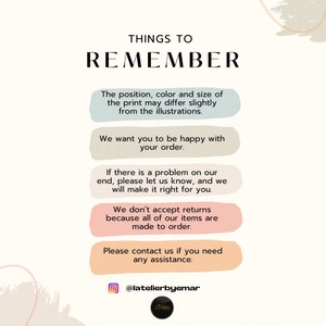 May include: A graphic with the text "THINGS TO REMEMBER" in a bold, black font. The image includes several text bubbles with statements about the product, including variations in print, customer satisfaction, and returns. The shop's Instagram handle is also included.