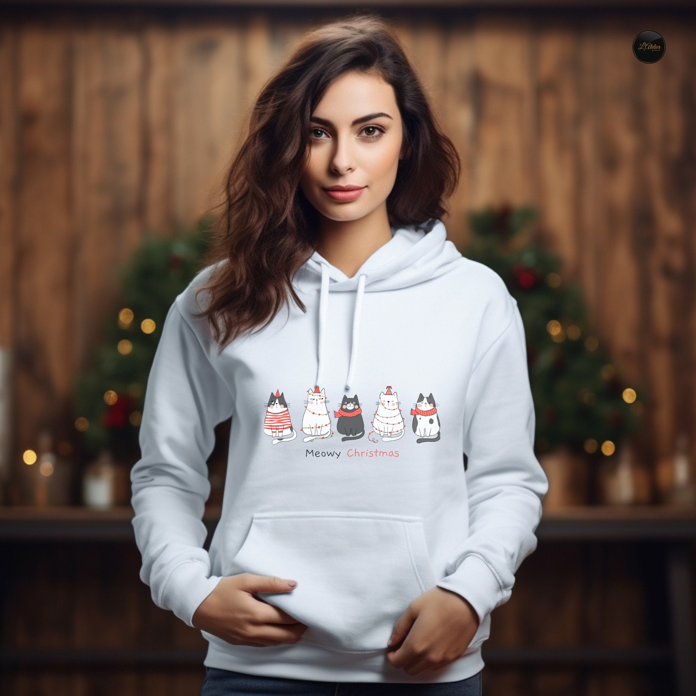 Weihnachts Hoodie Damen Mit Katzen-Motiv – Kapuzenpullover Mit Taschen, Weich Gefüttert, Wintertauglich