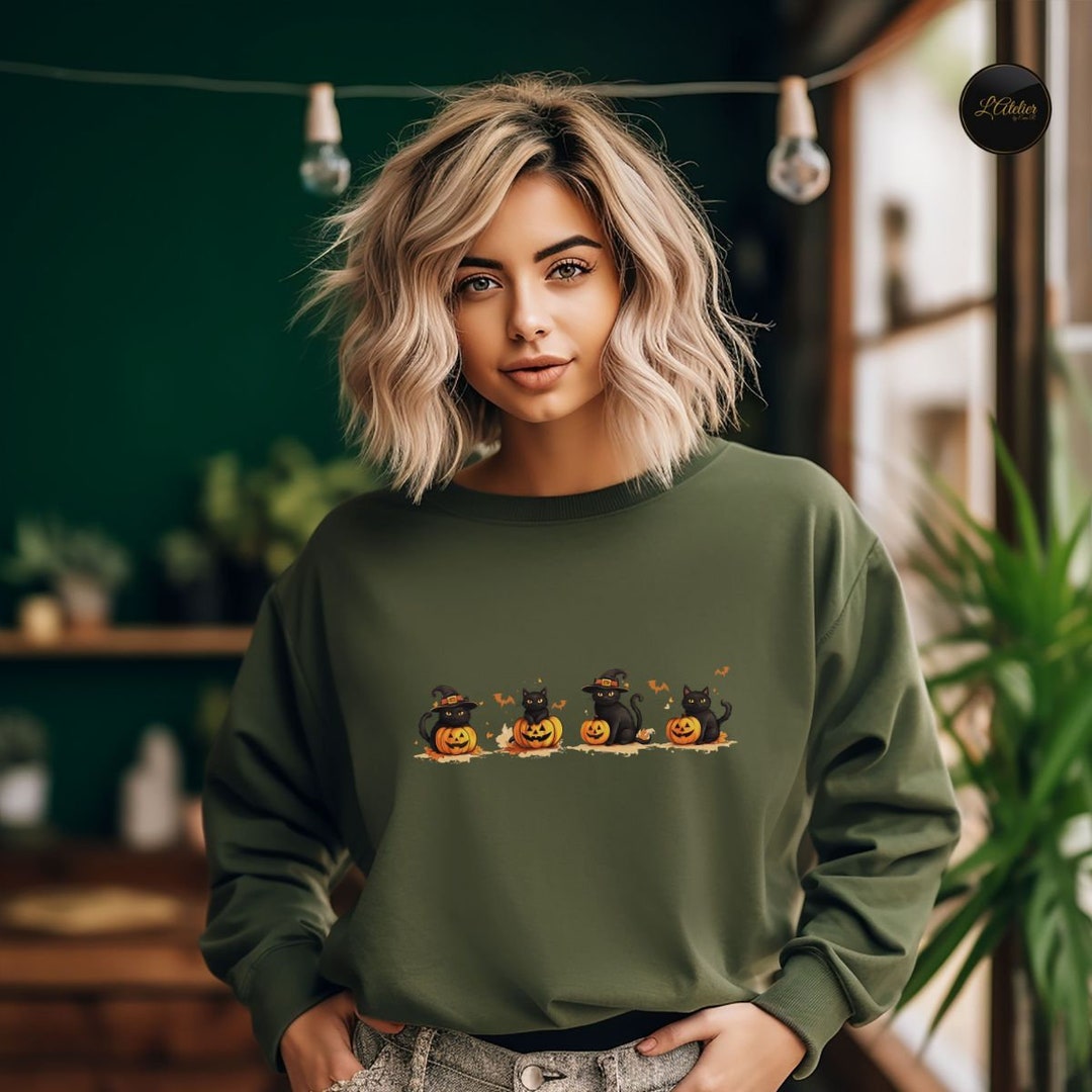 Halloween Sweatshirt, Black Cat and Pumpkins Hoodie, Halloween Sweater, Cool Halloween Cat T