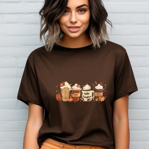 Fall Coffee Shirt. Cute Hello Pumpkin T-Shirt. Thanksgiving gift idea. Pumpkin Spice Latte Drink Cups Tee Shirt Short Sleeves. Autumn Gifts