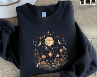 Celestial Moon Phases Sweatshirt – Boho Sun & Moon Hoodie, Floral Lunar Shirt, Witchy Cosmic Stars Crewneck for Women, Spiritual T-Shirt