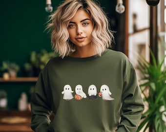 Halloween Sweatshirt with Cute Little Ghosts and Pumpkin,  Autumn Sweater, Cute Fall T-Shirt, Pumpkin Tee Shirts, Fall Ghosts Hoodie.