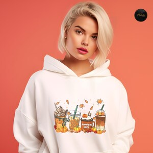 Fall Coffee Shirt, Cute Halloween Pumpkin T-Shirt, Thanksgiving Sweatshirt, Autumn Latte Hoodie, Cozy Chic Pullover, Fall Drink Cups Tee image 4