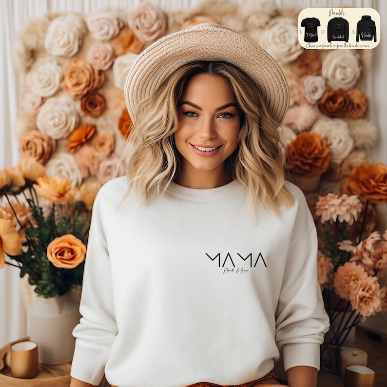 Personalisiertes Mama-Sweatshirt, minimalistisches T-Shirt, Muttertagsgeschenk, moderner Mama-Hoodie, Schwangerschaftsankündigungs-T-Shirt, Geschenk für die neue Mutter Bild 1