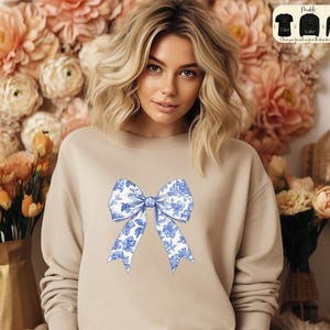 Toile De Jouy Coquette Bow Sweatshirt, Cute Blue Ribbon Sweater, Girly Aesthetic T-Shirt, Boho Chic Ribbon Hoodie, Cute Gifts For Girlfriend
