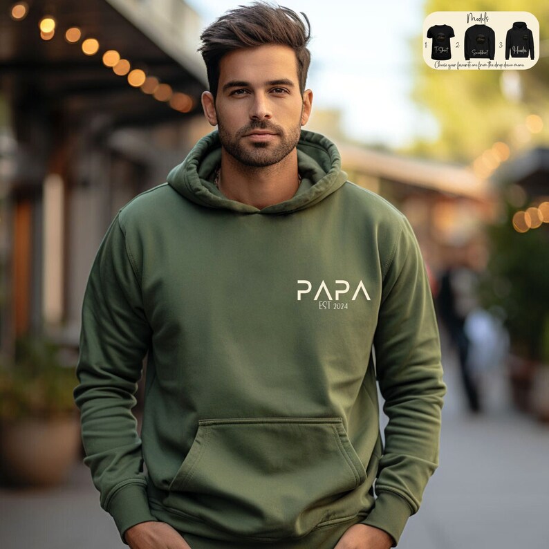Personalisiertes Papa-Sweatshirt, Papa-T-Shirt, Vatertagsgeschenk, individueller Namens-Papa-Hoodie, Schwangerschaftsankündigung, neues Papa-Geschenk, Papa 2024-Shirt Bild 1