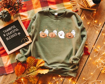 Halloween Sweatshirt with Cute Little Ghosts and Pumpkin,  Autumn Sweater, Cute Fall T-Shirt, Pumpkin Tee Shirts, Fall Ghosts Hoodie