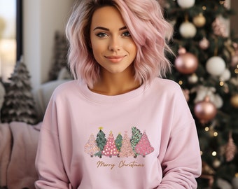 Sudadera de cuello redondo con árbol de Navidad, camiseta de Feliz Navidad, sudadera navideña colorida, suéter navideño bonito, regalo acogedor de invierno para ella.
