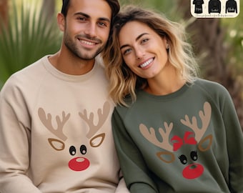 Couple Matching Reindeer Sweatshirts, Cute Christmas Sweaters, Xmas Gifts, Gifts For Him Christmas, Reindeer T-Shirts For Couples Gift