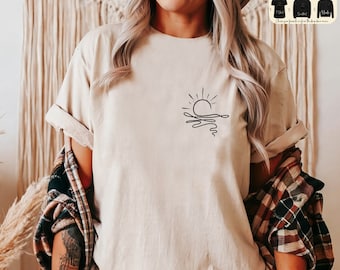 Boho Ocean Sun Tee, Nature Graphic T-shirt, Women Summer Tee, Sunrise Hoodie For Women, Beach Shirts, Sunset Waves Sweatshirt, Boho Summer