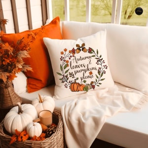Cojín de sofá otoñal, cojín otoñal con relleno, hojas de otoño y calabazas, decoración otoñal para el hogar, cojín boho otoñal, cojín con flores otoñales