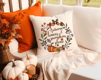 Almofada de sofá de outono, almofada de outono com enchimento, folhas de outono e abóbora, por favor, decoração de casa de outono, almofada de outono boho, almofada de flores de outono