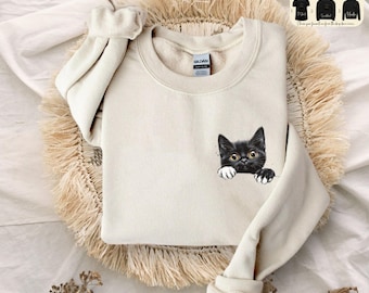 Cat Sweatshirt, Cute Cat Hoodie, Black Cat Shirt, Cat Peeking T-Shirt, Womens Funny Sweatshirt, Gift for Cats Lover, Cat Mom Tee