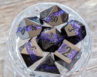 Sage’s Rift Stones – Gloss Black/Purple Metal Polyhedral Dice Set | Dungeons Dragons DnD Pathfinder RPG TTRPG