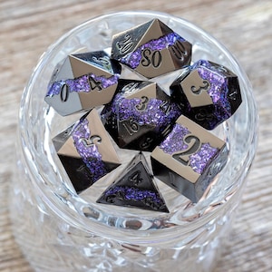 Sage’s Rift Stones – Gloss Black/Purple Metal Polyhedral Dice Set | Dungeons Dragons DnD Pathfinder RPG TTRPG