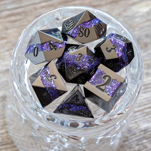 Sage’s Rift Stones – Gloss Black/Purple Metal Polyhedral Dice Set | Dungeons Dragons DnD Pathfinder RPG TTRPG