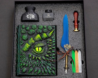 Eye of the Green Dragon Notebook Gift Set | Handmade Notebook for TTRPG, Sketchbook, Diary | Ring or Hard Bound