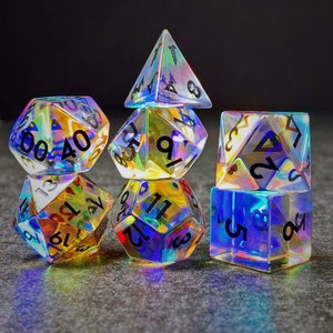 Sage&#39;s Treasures - Captured Rainbow Dichroic Glass Black Ink Gemstone Polyhedral Dice Set | Free Shipping | Dungeons Dragons DnD RPG