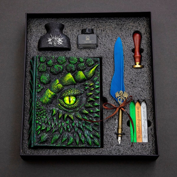 Eye of the Green Dragon Notebook Gift Set | Handmade Notebook for TTRPG, Sketchbook, Diary | Ring or Hard Bound