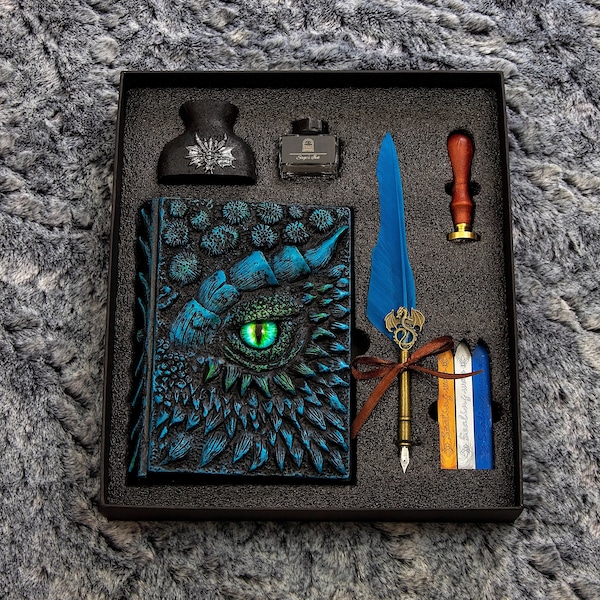 Eye of the Blue Dragon Notebook Gift Set | Handmade Notebook for TTRPG, Sketchbook, Diary | Optional Ring/Hard Bound