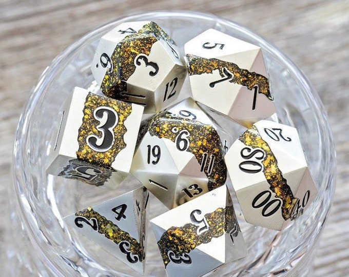 Sage’s Rift Stones – Pearl Silver Chartreuse Metal Polyhedral Dice Set | Dungeons Dragons DnD Pathfinder RPG TTRPG