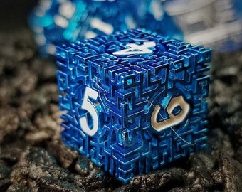 Sage's Labyrinths - Blue Weave White Ink Hollow Metal Polyhedral Dice Set | Free Shipping | Dungeons Dragons DnD Pathfinder RPG