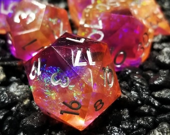 Sage&#39;s Enchanted Crystals Purple/Orange Holo Foil Silver Ink Sharp Edge Resin Polyhedral Dice Set