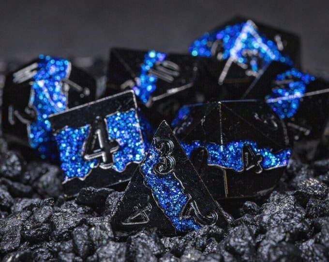 Sage’s Rift Stones – Black/Blue Metal Polyhedral Dice Set | Dungeons Dragons DnD Pathfinder RPG TTRPG