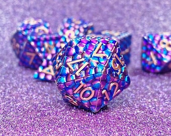 Dragon Themed Metal Dice Set for DND | Sage&#39;s Dragonstones | Purple/Blue Scaled Design | Gaming Dice Set with Tin Box | Unique Gift