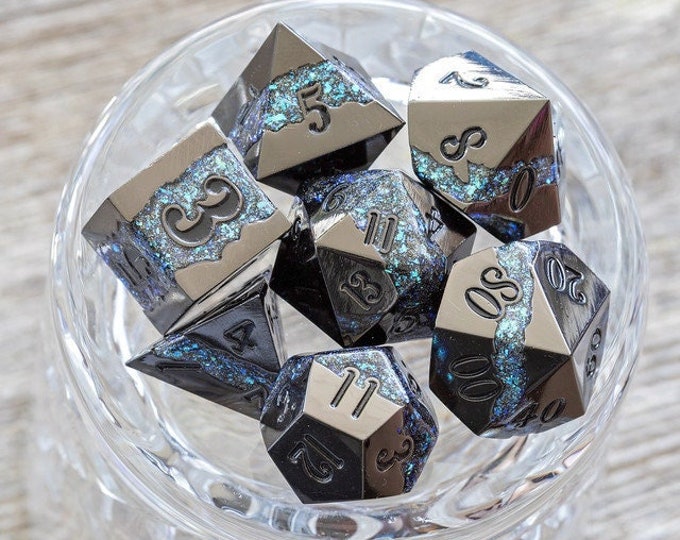 Sage’s Rift Stones – Gloss Black/Aquamarine Metal Polyhedral Dice Set | Dungeons Dragons DnD Pathfinder RPG TTRPG