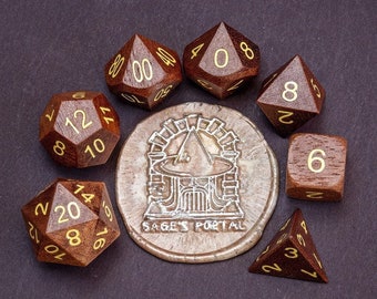 Sage’s Trees – Purpleheart Wood Gold Ink Polyhedral Dice Set | TTRPG DnD Dungeons and Dragons RPG Games