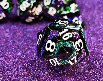 Sage's Dimension Stones - Gloss Black Purple/Green Glitter Stripes Metal Polyhedral Dice Set | Dungeons Dragons DnD Pathfinder RPG