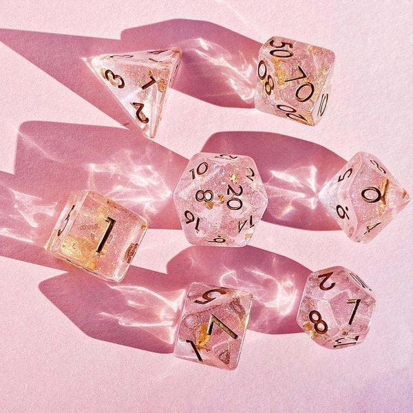 Sage’s Cantrips - Pink Transparent Resin Polyhedral Dice Set + 2-Tone PU Leather Dice Pouch | Dungeons Dragons DnD Tabletop