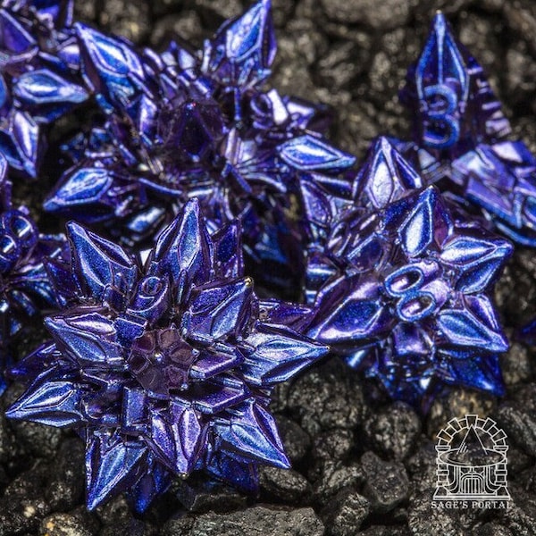 Sage’s Deadly Blossoms Blue/Purple Metal Polyhedral Dice Set | Dungeons Dragons DnD Pathfinder RPG