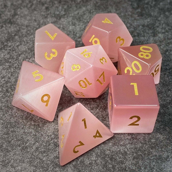 Sage's Treasures - Gemstone Pink Cat's Eye Polyhedral Dice Set | Free Shipping | Dungeons Dragons DnD Pathfinder RPG