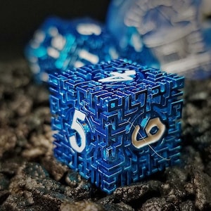 Sage's Labyrinths - Blue Weave White Ink Hollow Metal Polyhedral Dice Set | Free Shipping | Dungeons Dragons DnD Pathfinder RPG