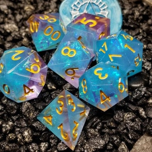 Sage&#39;s Enchanted Crystals Ice Blue Holo Foil Gold Ink Sharp Edge Resin Polyhedral Dice Set