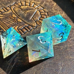 Sage&#39;s Enchanted Crystals Grey/Green Holo Foil Silver Ink Sharp Edge Resin Polyhedral Dice Set