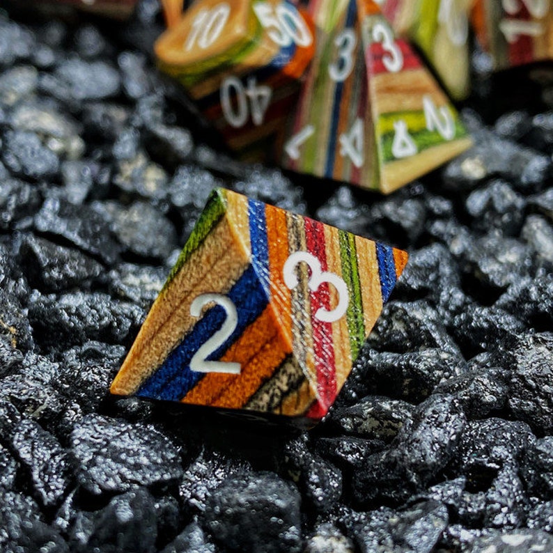 Sages Trees Blue/Yellow/Orange Colored Technical Wood White Ink Polyhedral Dice Set TTRPG DnD Dungeons and Dragons RPG Games image 6