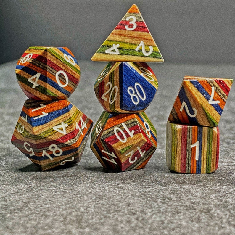Sages Trees Blue/Yellow/Orange Colored Technical Wood White Ink Polyhedral Dice Set TTRPG DnD Dungeons and Dragons RPG Games image 9