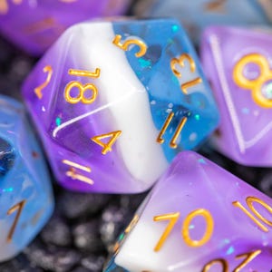 Sage’s Cantrips - Guidance Resin Polyhedral Dice Set for TTRPGs like Dungeons and Dragons | Purple Blue and White Round Edge Resin D&D Dice