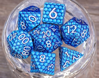 Sage&#39;s Scaled Eggs Deep Blue Silver Ink Metal Polyhedral Dice Set | Dungeons Dragons DnD Pathfinder RPG